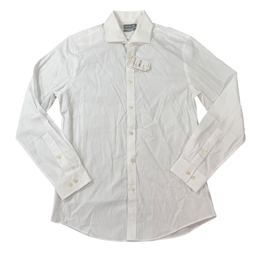 Michael Kors Mens Slim Fit Stretch White Long Sleeve Button Down Shirt Size 15.5